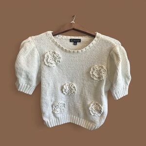 Cream Floral Appliqué Knit Sweater Chic Flower Boho Cottage-core Short Sleeve